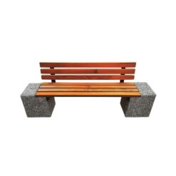 Banca stradala cu aspect de piatra naturala cu sezut si spatar din rigle din lemn de stejar 200 cm Banci stradale din beton AXEprefabricate