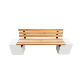 Banca stradala din beton cu aspect de marmura cu sezut si spatar din rigle de brad 200 cm