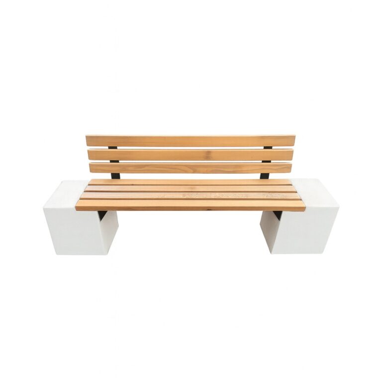 Banca stradala din beton cu aspect de marmura cu sezut si spatar din rigle de brad 200 cm